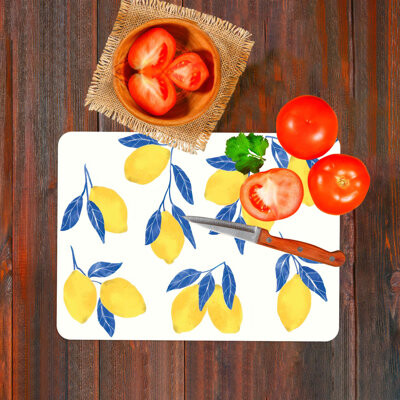 kayra export Lemon Patterned Glass Chopping Board Featuring Modern Leaf Design for Easy Carrying and Serving