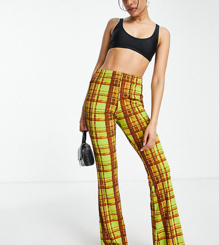 Petite tissue mesh flared trouser in green grunge check ShopStyle