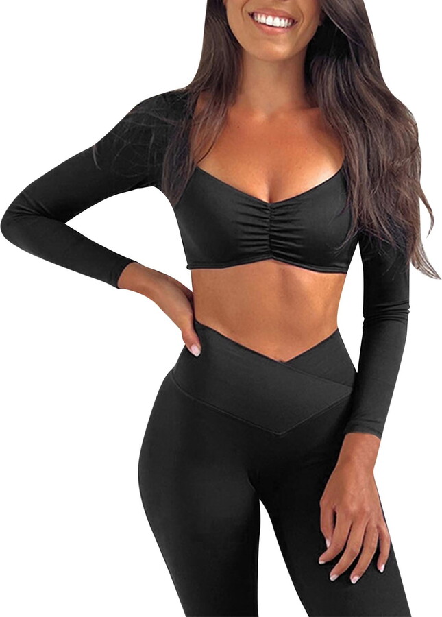 NKOOGH Lady Slim Fit Basic Crop Tops Crew Neck Long Sleeve Tunics Shirt Short Ruched Basics T-Shirts for Women 2024 Fashion Top Black S