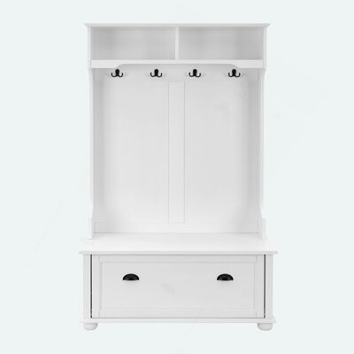 Modern Classic Hall Tree With Shoe Rack Bench And Coat Hooks For Hanging Storage, Entryway Bench With Open Shelves And Shoe Cabinets