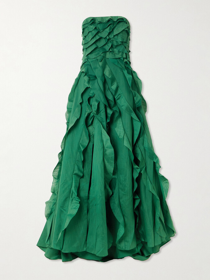 Aje Allairie Strapless Ruffled Shirred Faille Gown - Green