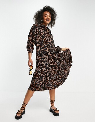 ASOS DESIGN oversized midi shirt smock dress with tiering and puff sleeves in black base zebra