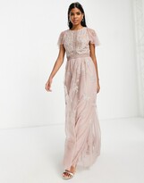 Thumbnail for your product : ASOS DESIGN Bridesmaid pearl-embellished flutter sleeve maxi dress with floral embroidery in rose