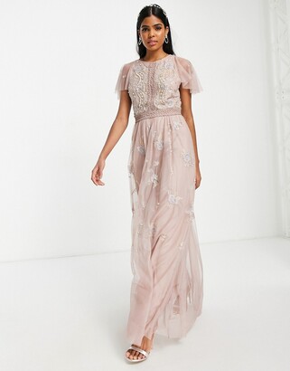 ASOS DESIGN Bridesmaid pearl-embellished flutter sleeve maxi dress with floral embroidery in rose