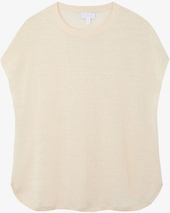 The White Company Womens Butter Round-Neck Curved-Hem Linen-Blend Top L