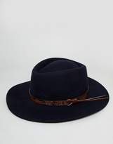 Thumbnail for your product : ASOS Design DESIGN pork pie hat with wide brim in navy with tan embossed band detail