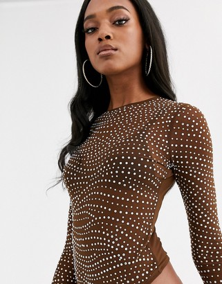 ASOS DESIGN embellished long sleeve mesh body with crystal studs