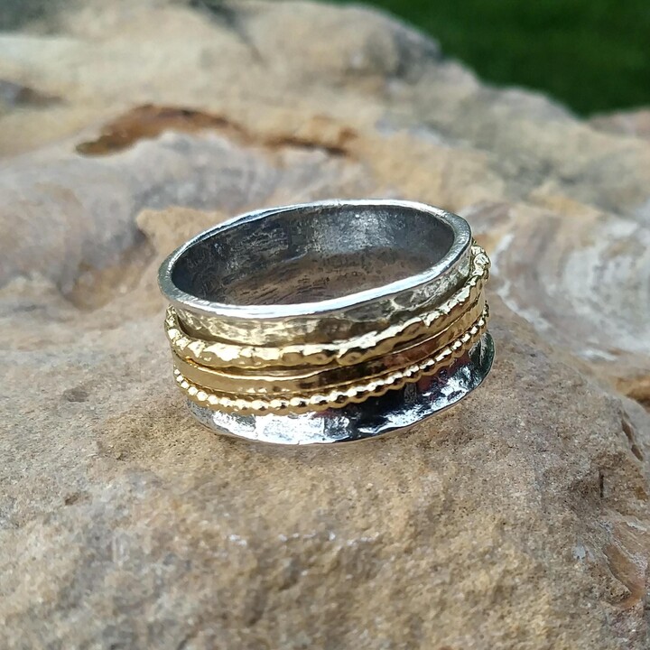 Etsy Silver & Gold Spinner Ring Meditation Fidget Jewelry Two Tone Mixed Metal Wide Band