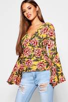 Thumbnail for your product : boohoo Petite Flare Sleeve Lace Up Back Crop Top