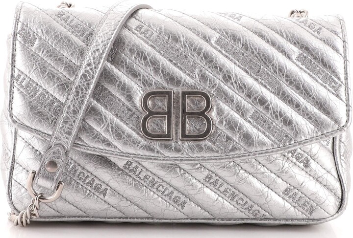 Balenciaga BB Chain Round Shoulder Bag Quilted Embroidered Leather