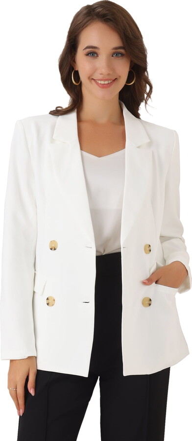 DARING DIVA Women’s Plaid Notched Lapel Blazer Jacket L White-Solid