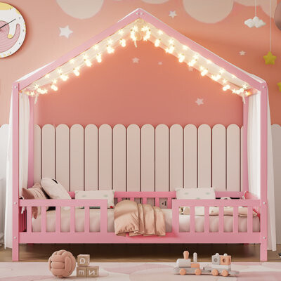 Montessori Full House Bed with Canopy, Wooden Toddler Bed Frame for Kids with High Railings, Pink