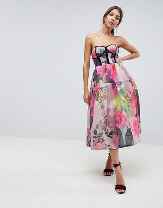 ASOS Design Bonded Mesh Bandeau Floral Midi Prom Dress