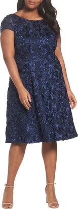 Alex Evenings Women's Plus Size Tea Length Dress with Rosette Detail