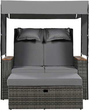 2-Piece Outdoor Daybed, Outdoor Loveseat Patio Sofa with Bench Lounge Roof Set and Cushions
