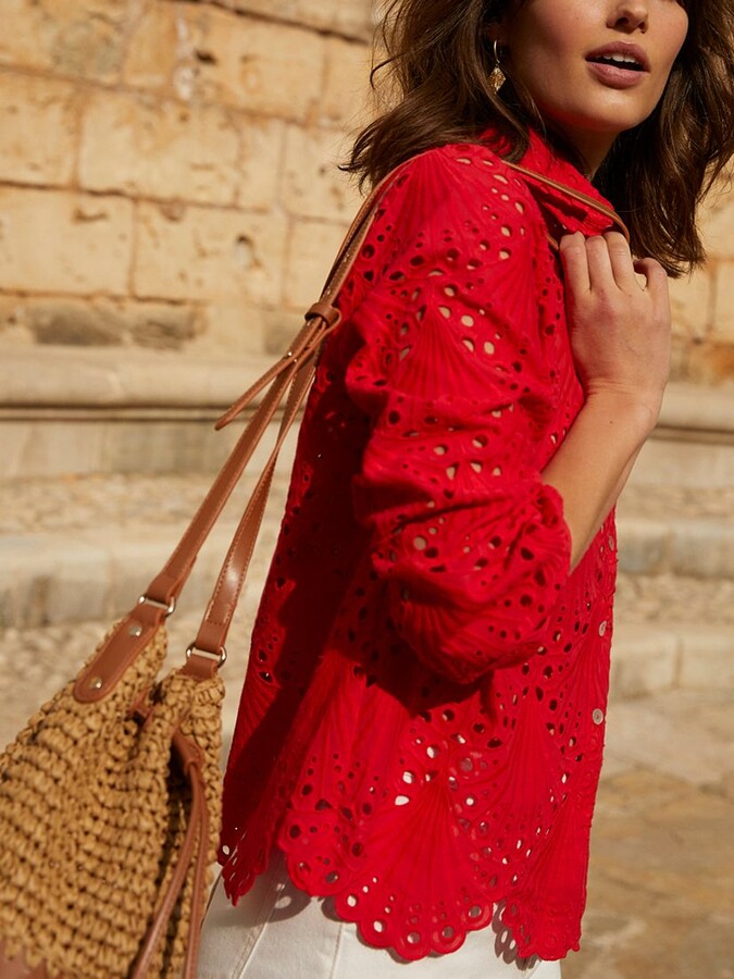 Mint Velvet Cotton Broderie Anglaise Scallop Hem Shirt, Red