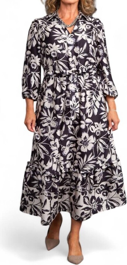3/4 Sleeve Satin Maxi Dress In Black Floral