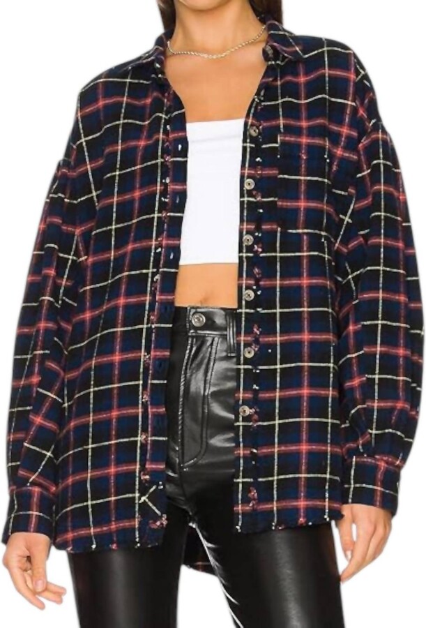 Free People Happy Hour Plaid Shirt In Navy Combo