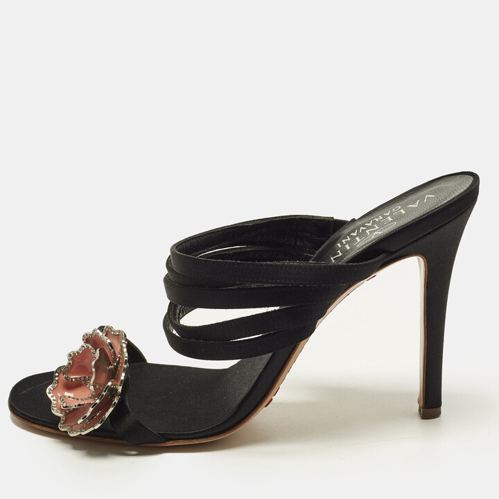 Valentino Size 38 Black Satin Flower Embellished Ankle Strap Sandals