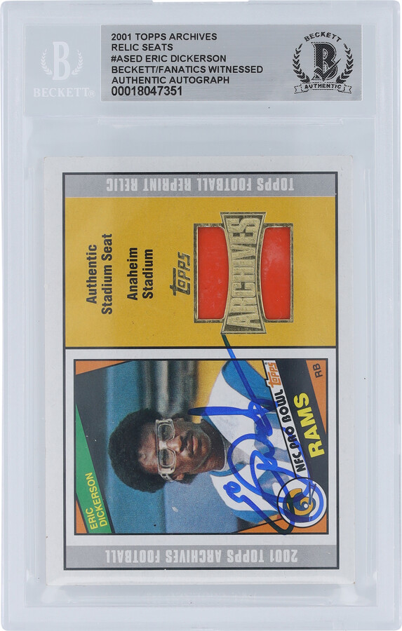 Eric Dickerson Los Angeles Rams Autographed 2001 Topps Archives Authentic Stadium Seat Relic #280 Beckett Fanatics Witnessed Authenticated Card