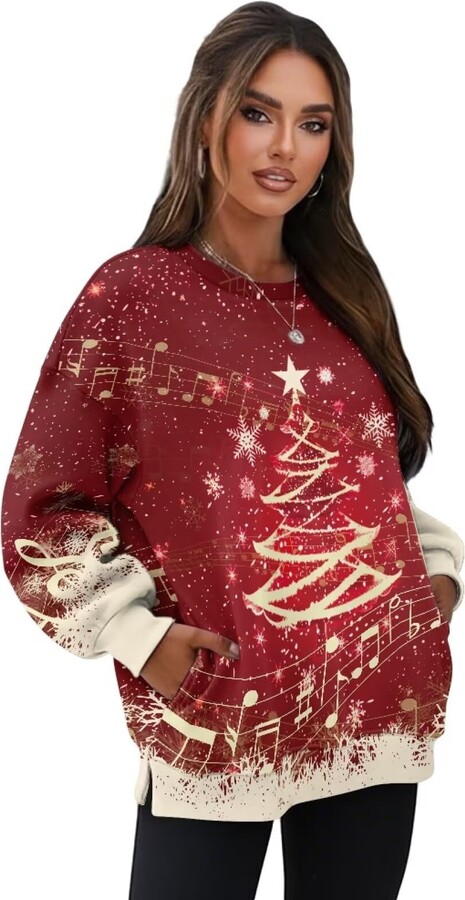 Showudesigns Christmas Tree Sweatshirts for Women 3XL Crewneck Long Sleeve Tops Fleece Pullover Hoodie Plus Size Sweater Shirts Comfy Fall Clothes with Pockets Red