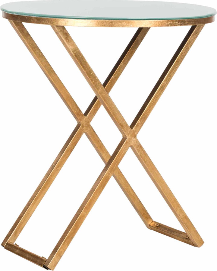 SAFAVIEH Riona 23 in. H Round Top Cross Legs Accent Table, Gold/White Glass