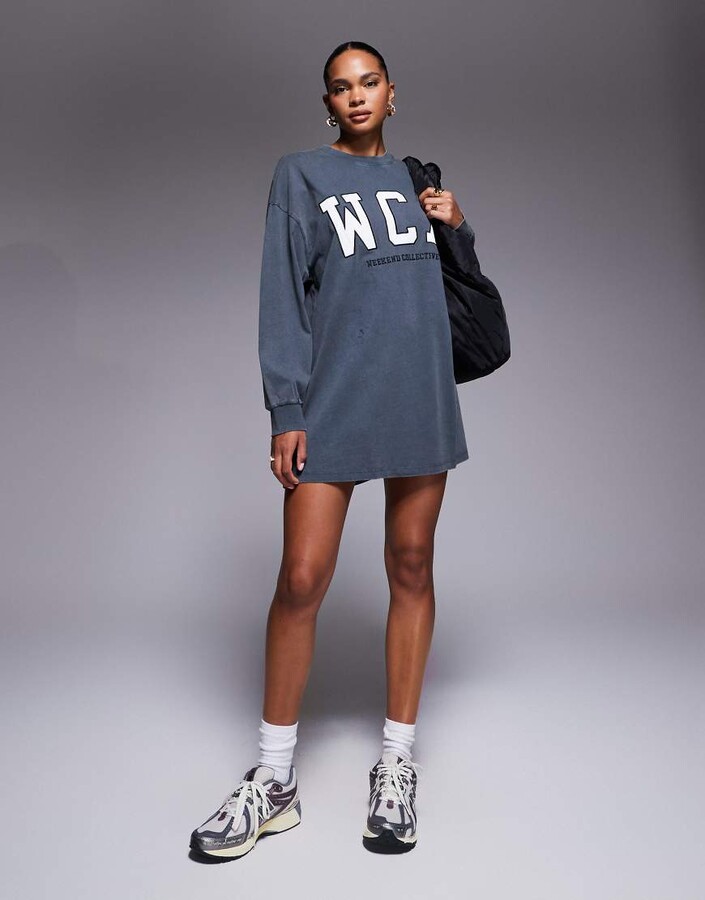 ASOS Weekend Collective Weekend Collective Icon oversized long sleeve T-shirt dress with varsity logo in washed charcoal