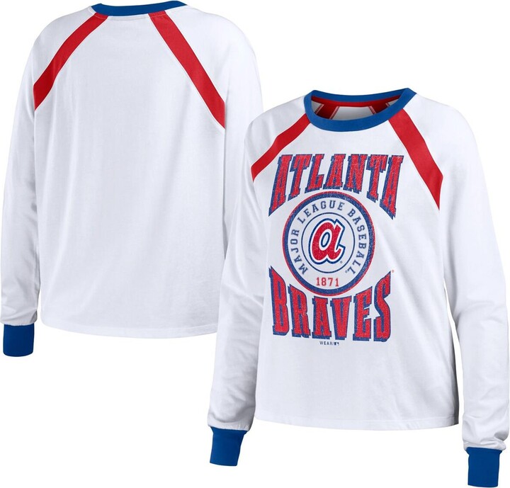 Women's Wear by Erin Andrews White Distressed Atlanta Braves Raglan Long Sleeve T-shirt