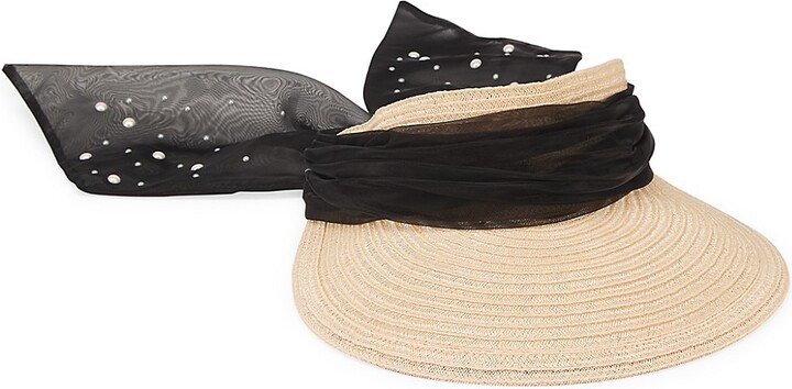 SAINT LAURENT Embellished silk jacquard-trimmed faux straw visor