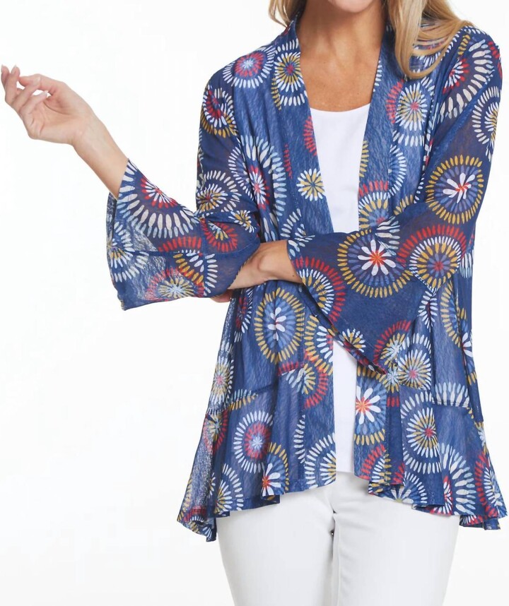 Multiples Flounce Sleeve Mesh Open Cardigan In Navy/red/gold
