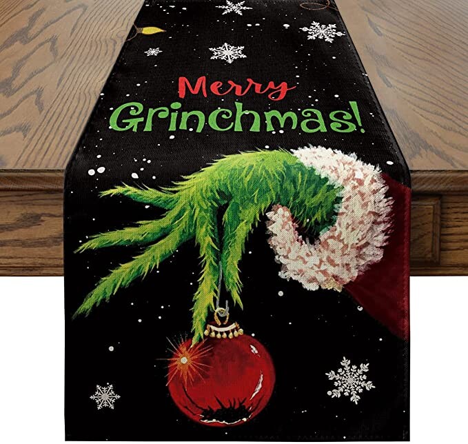 Artoid Mode Merry Grinchmas Christmas Table Runner Black, Seasonal Winter Xmas Holiday Kitchen Dining Table Decoration for Indoor Outdoor Home Party Decor 13 x 90 Inch