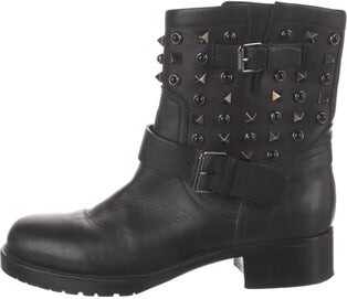 Valentino Rockstud Accents Leather Moto Boots Valentino Leather Ankle Moto Boots Black Rockstud Accents Round-Toes with Studded Accents Multistrap