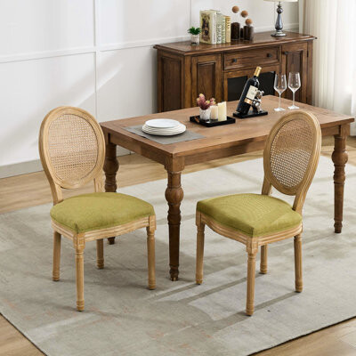 Ophelia & Co. French Style Solid Rubberwood Frame Antique Painting Olive - Back Linen Fabric Dining Chairs For Long Term Sitting Of 2 Design With Comfortable Filler