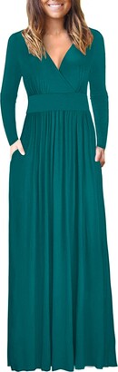 AUSELILY Women's Long Sleeve Maxi Dress Casual V Neck Wrap Ladies Long Dress with Pockets Dark Green L