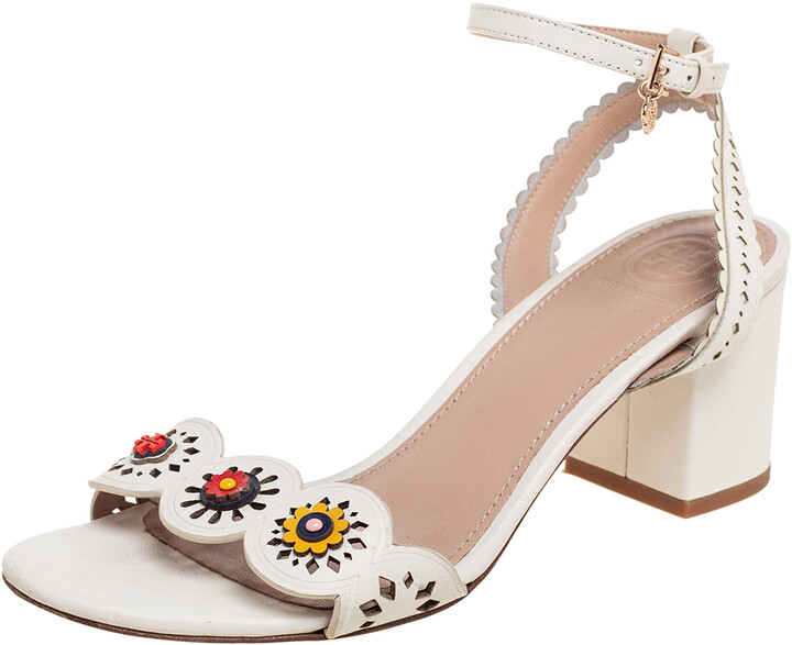 Tory Burch White Cut-Out Leather Floral Appliqué Ankle-Strap Sandals Size  36 - ShopStyle