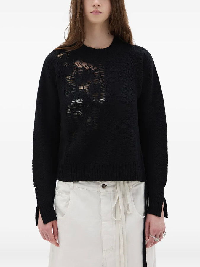Ann Demeulemeester Side-Tie Distressed Wool Sweater