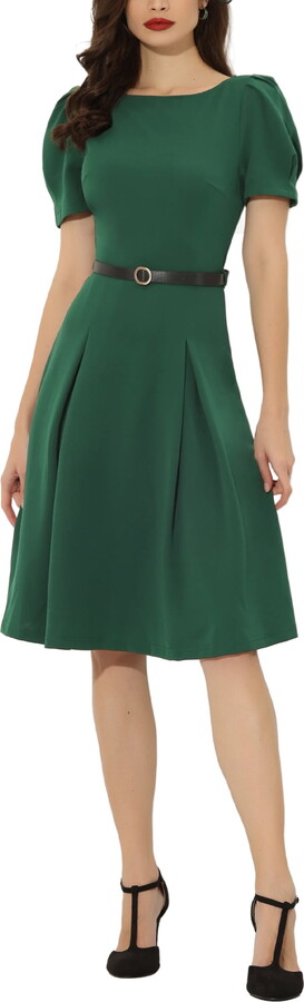 Unique Bargains Women’s Elegant Work Dress Belted Boat Neck Short Sleeve Dress L Dark Green