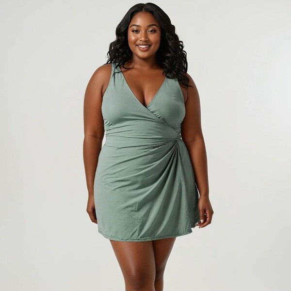 CalypsaWomen'sPlusSizeAlanaWrap-StyleSwimDressWithHiddenBottomsandAdjustableStraps-SageGreen2X