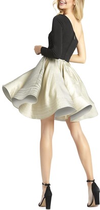 Ieena For Mac Duggal One-Shoulder Asymmetrical Fit-&-Flare Shimmer Dress
