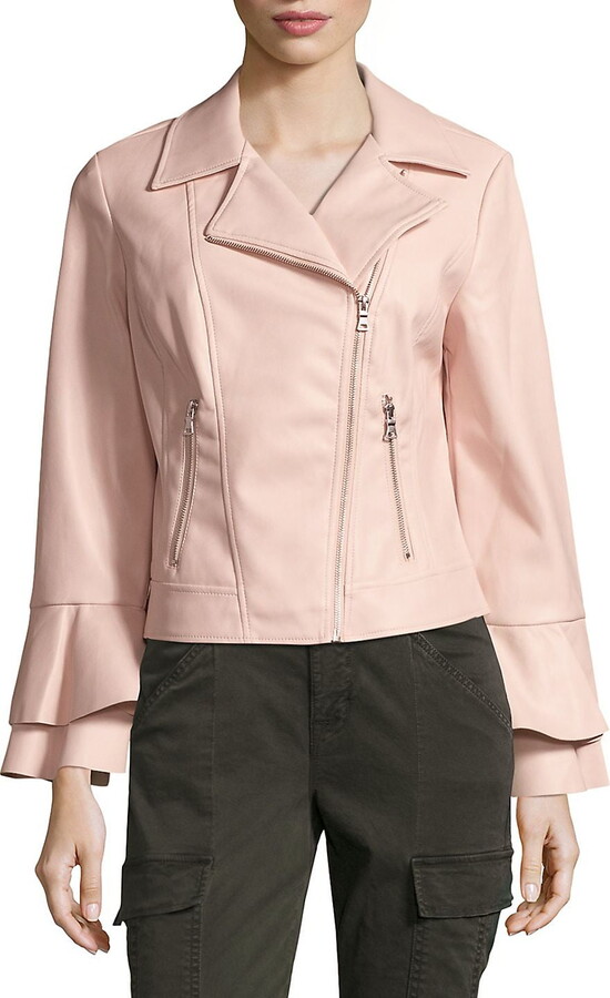 CoffeeShop Faux Leather Jacket with Ruffle Sleeve