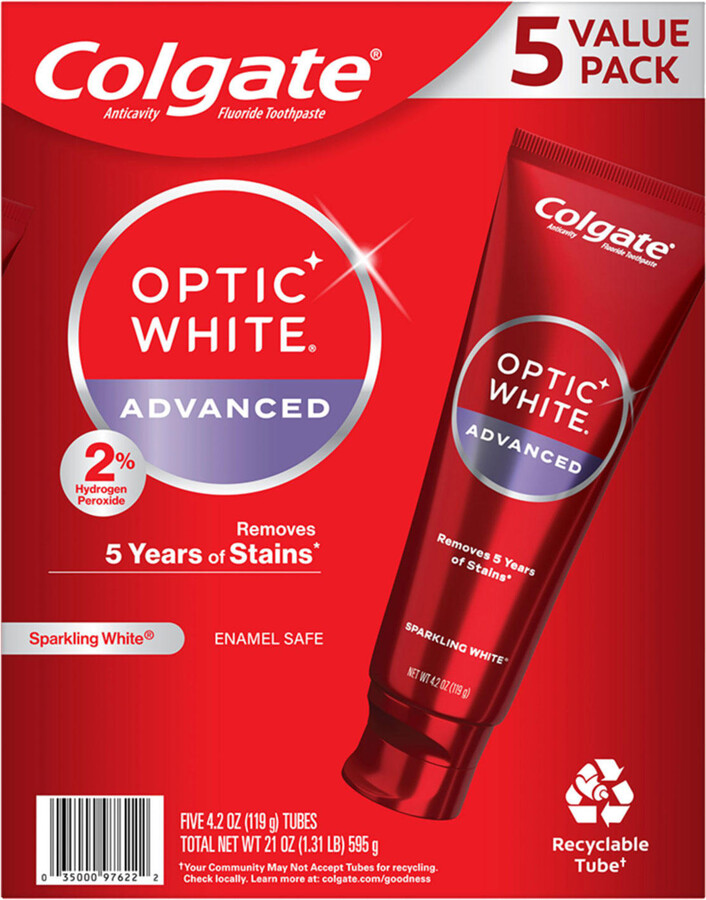 Colgate Optic White Advanced Teeth Whitening Toothpaste, Sparkling White, 4.2 oz., 5 pk.