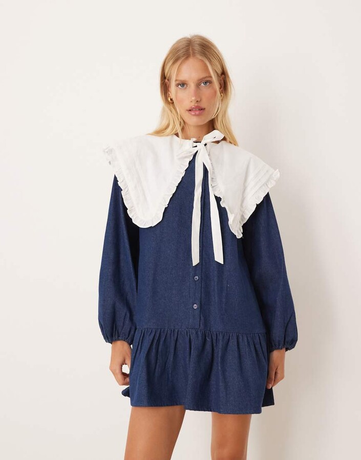 Neon Rose oversized removable collar denim mini smock dress in indigo
