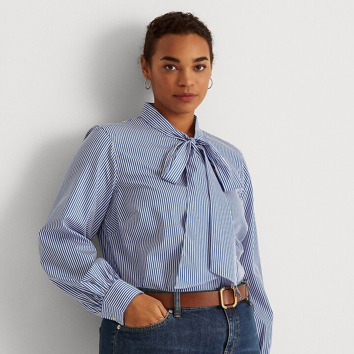 Lauren Woman Ralph Lauren Striped Tie-Neck Shirt - ShopStyle Plus Size Tops