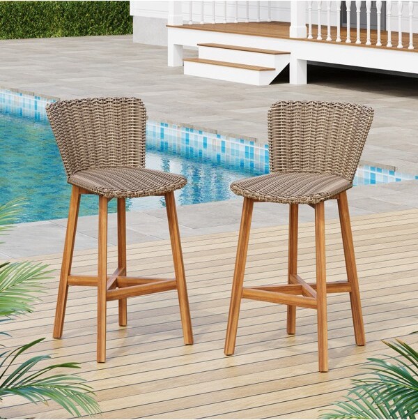 OutdoorBarStoolsSetof2withWickerSeatLightBrownWickerBarStoolswithAcaciaWoodLegsforPatioTeakBarStoolsforHomeBarorCafe-Koiai