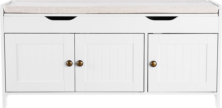 KFFKFF Entryway Bench with Lift-Top Storage, 41.3 x 13.8 x 19.8 Inch Shoe Rack with Cushion, 250lbs Capacity, 3 Cabinets and Adjustable Shelf, for Bedroom or Hallway, White and Black