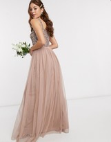 Thumbnail for your product : Maya Bridesmaid sleeveless square neck maxi tulle dress with tonal delicate sequin overlay in taupe blush
