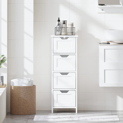 Bathroom Floor Cabinet With 4 Drawers, Freestanding Wooden Storage Organizer For Bathroom, Hallway Or Living Room, Narrow White Side Cabinet With Spac
