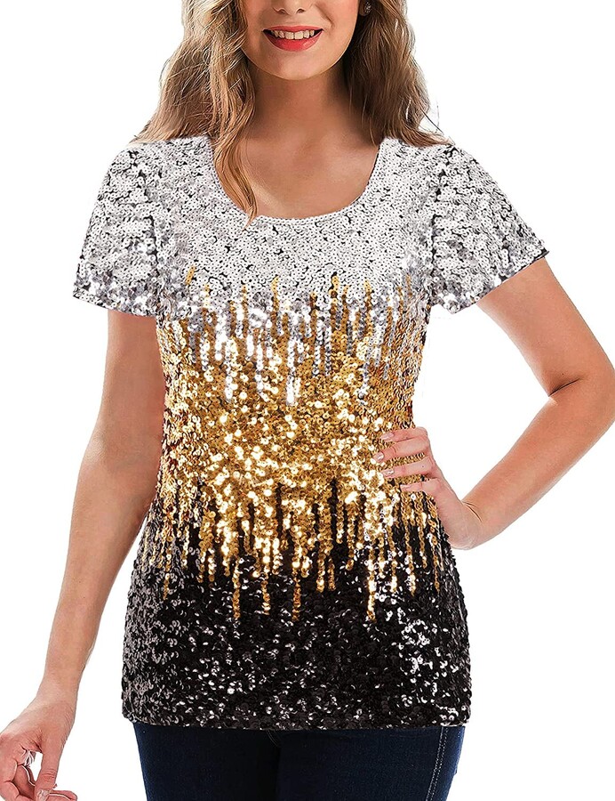 WILLIAMHUA Women's Sequin Short Sleeve T-Shirt Glitter Tops Sparkle Party  Tshirt Women's Sequin Tunic Top (Gold - ShopStyle