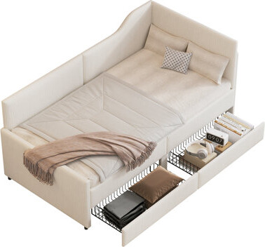 Mercer41 Twin Size L-Shaped Corduroy DaybedUpholstered Bed Frame With 2 Storage Drawers Beige