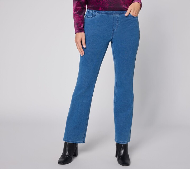 Denim & Co. Petite Knit Denim Pull On Boot Leg Jeans